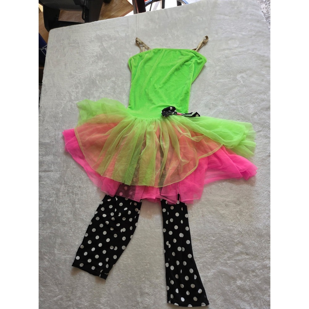 387 Girls Neon Green Pink Clown Costume Dress Tutu Polka Dot Leggings